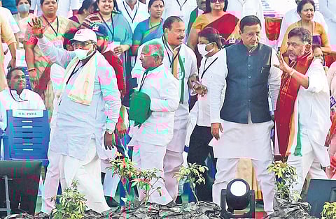 Congress General Secretary Randeep Singh Surjewala, KPCC chief DK Shivakumar and CLP leader Siddaramaiah at the padayatra in Bengaluru on Thursday | shriram bn