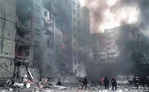 A damaged apartment building that was hit by shelling in Ukraine