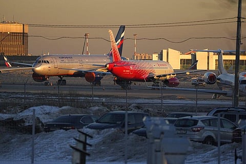Aeroflot's passengers planes are parked at Sheremetyevo airport, outside Moscow, Russia, Tuesday, March 1, 2022. (Photo | AP)