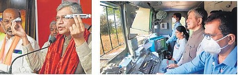 Minister of Railways Ashwini Vaishnaw demonstres the ‘Kavach’ system  during a media conference in Hyderabad on Friday, March 4, 2022. (Right) The Minister travels in a train to check  the system.