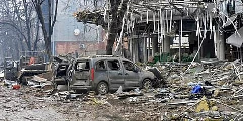 A view of a damaged building, which is said was hit by recent shelling, in Ukraine's second-biggest city of Kharkiv. (Photo | AFP)