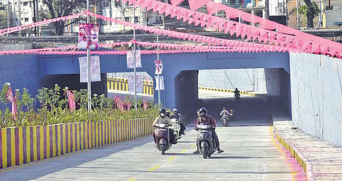 Commuters seen driving under the Road under Bridge at Tukaram Gate in Secunderabad after it was inaugurated by KT Rama Rao on Friday | Vinay madapu