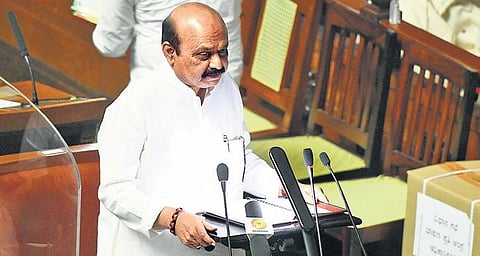 Chief Minister Basavaraj Bommai presents his maiden budget for 2022-23 at Vidhana Soudha in Bengaluru on Friday | Express