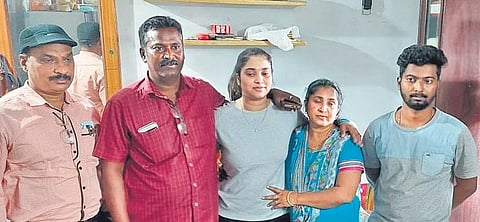 Abhigna (centre) with her family in Tanuku, West Godavari on Friday I Express