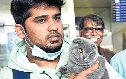 Goutham Hariharan with his cat Grey at the Chennai airport | Ashwin prasath
