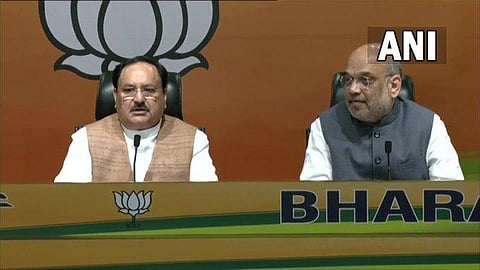 BJP National President JP Nadda and Home Minister Amit Shah addressing a joint press conference at the party headquarters in New Delhi on Saturday. (Photo | Twitter/ANI)