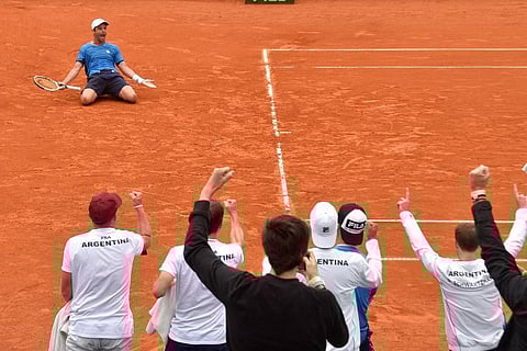 Argentina's Horacio Zeballos celebrates his 6-4, 6-4 win over Czech Republic's Tomas Machac and Jiri Lehecka at the end of a Davis Cup first round doubles match, in Buenos Aires.  (Photo | AP)