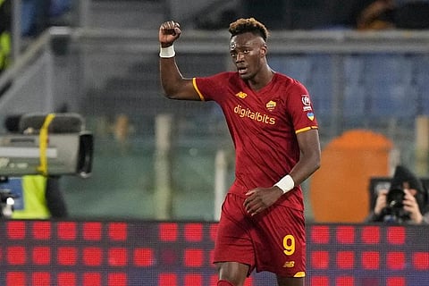 Roma's Tammy Abraham celebrates after he scored his side's first goal during a Serie A soccer match between Roma and Atalanta, at Rome's Olympic Stadium. (Photo | AP)
