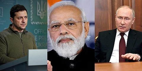 From left, Ukrainian President Volodymyr Zelenskyy, Prime Minister Narendra Modi and Russia President Vladimir Putin