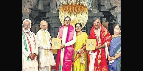 Chief Justice of India NV Ramana at the Tirumala temple along with his family on Sunday.(Photo | Express)