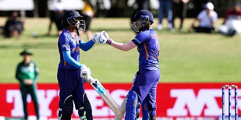 Pooja Vastrakar (L) and Sneh Rana scored half-centuries against Pakistan, helping India put up a strong total after a top-order collapse. (Photo | AFP)