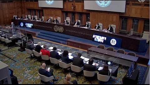 The Hague | International Court of Justice holds public hearings in the case on Monday. (Photo | ANI Twitter)