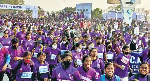Women take part in the ‘Gender Equality Run’ organised by SHE Teams in Hyderabad on Sunday