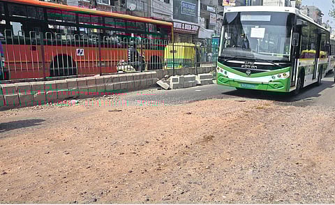The wornout road in East Delhi’s Pandav Nagar area is in need of major repair but locals claim all requests to the government have fallen on deaf ears. (Photo | Parveen Negi)