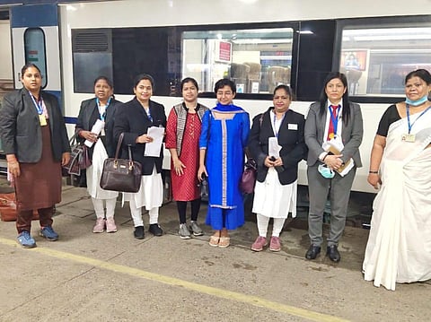 The all-women crew of New Delhi-Varanasi Vande Bharat Express on Tuesday. (Photo | EPS)