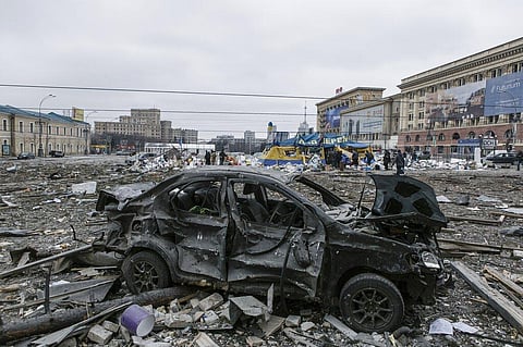 A view of the central square following shelling of the City Hall building in Kharkiv, Ukraine. (Photo | AP)