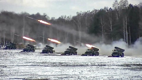 Multiple rocket launchers fire during the Belarusian and Russian joint military drills at Brestsky firing range, Belarus. (Photo | AP)