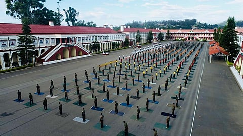 The recruits, soldiers and families members of The Madras Regimental Centre, Wellington in Nilgiris practicing yoga.  (File Photo | Special Arrangement)