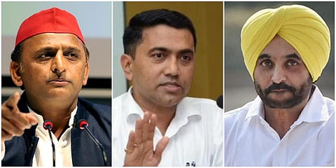 Samajwadi Party chief Akhilesh Yadav, Goa CM Pramod Sawant and AAP's Punjab CM candidate Bhagwant Mann. (File photo| PTI)