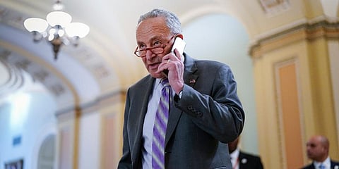 Senate Majority Leader Chuck Schumer, D-N.Y., arrives for a weekly policy luncheon, at the Capitol in Washington, Tuesday, March 8, 2022. (Photo | AP)