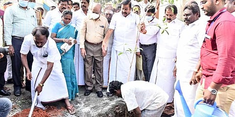 Minister K N Nehru inaugurating a sapling plantation drive in Tiruchy on Tuesday | Express