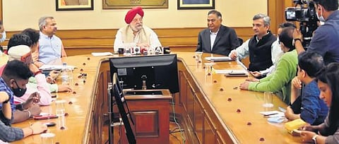 Union Minister Hardeep Singh Puri interacts with media on Tuesday, March 8, 2022. (Photo | Twitter)