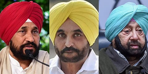 (From left) Punjab CM Charanjit Singh Channi, AAP's CM candidate Bhagwant Mann and former CM Amarinder Singh. (File photo| PTI)