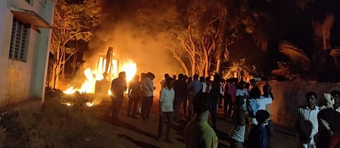 A mob ransacked Shiva's house and torched two tractors, one JCB and one Harvester vehicle (Photo | Special arrangement)