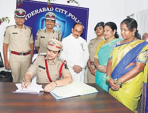 K Madhulatha takes charge as the SHO of Lallaguda police station (Law & Order) in presence of Home Minister Mahmood Ali and CP CV Anand on Tuesday