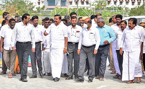 Municipal Administration Minister KN Nehru inspecting the site for the Integrated Bus stand at Panjappur in Tiruchy on Saturday. (Photo| EPS)