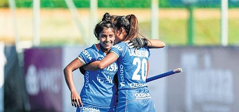 India junior women hockey players celebrate their win during the World Cup | HI