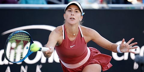 Belinda Bencic returns a shot to Ons Jabeur during the finals at the Charleston Open tennis tournament in Charleston. (Photo | AP)