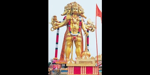 The 161-ft tall statue of Panchamukhi Hanuman unveiled by CM Bommai  at Bidanagere in Tumakuru district on Sunday
