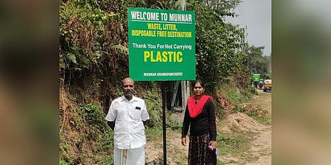 A board set up in Munnar panchayat to create awareness on waste menace and nature conservation. | Express