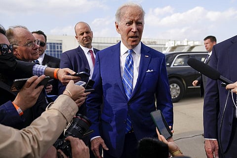 President Joe Biden speaks to reporters before boarding Air Force One at Des Moines International Airport, in Des Moines Iowa, Tuesday, April 12, 2022(Photo | AP)