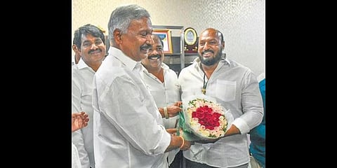 Peddireddy Ramachandra Reddy being greeted after assumption of office as Mines and Energy Minister at the Secretariat in Velagapudi on Tuesday | Prasant Madugula