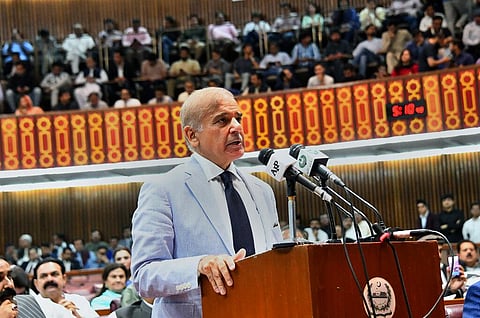 Newly elected Pakistani Prime Minister Shahbaz Sharif addresses a National Assembly session, in Islamabad, Pakistan, Monday, April 11, 2022(Photo | AP)