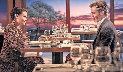 A still from All The Old Knives starring Chris Pine and Thandiwe Newton.