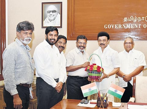 VCK’s Thol Thirumavalavan thanks CM MK Stalin for the decision to observe Ambedkar’s birth anniversary as Equality Day, in Chennai on Wednesday | Express