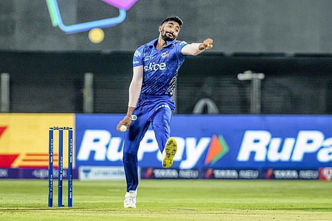 Jasprit Bumrah of Mumbai Indians bowls during the Indian Premier League 2022 cricket match between Mumbai Indians and the Punjab Kings, at the MCA International Stadium in Pune, Wednesday. (Photo|PTI)