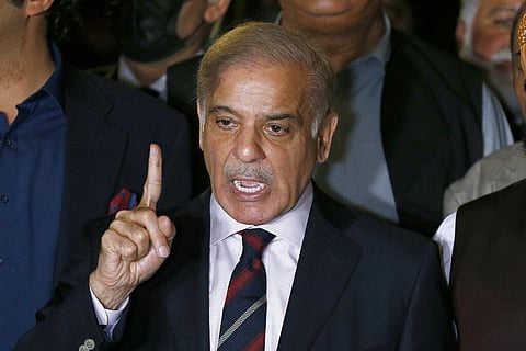 Pakistan's opposition leader Shahbaz Sharif speaks during a press conference after the Supreme Court decision, in Islamabad, Pakistan, April 7, 2022. (Photo | AP)