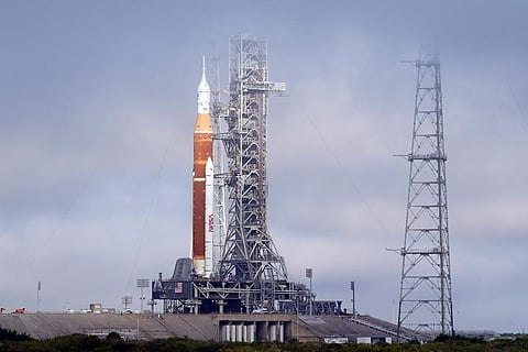 The NASA Artemis rocket with the Orion spacecraft aboard stands on pad 39B at the Kennedy Space Center in Cape Canaveral.  (Photo | AP)