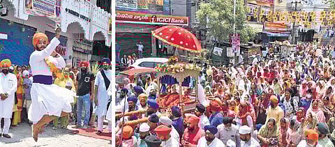 A Sikh youth displays Gatka skills on Thursday; (right) worshippers take out a procession to mark the 323rd Khalsa Panth Foundation Day celebrations in Hyderabad | RVK Rao