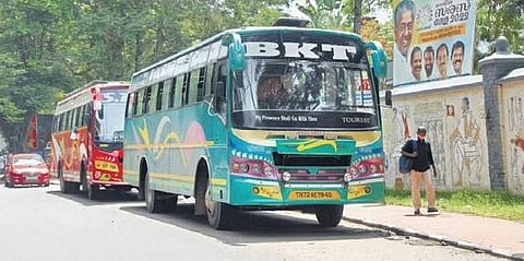Tourist bus parked in front of Kanakakkunnu Palace. Hardly any bookings have been made for the Vishu-Easter season | BP Deepu