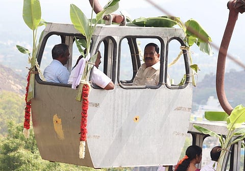 Minister for Handlooms and Textiles R Gandhi inaugurates the trial run of the rope car at Sholingur temple in Ranipet. (Photo| S Dinesh, EPS)