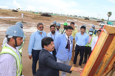 Executive Director (Engineering) Sanjeev Jindal, Thoothukudi Airport Director N Subramanian inspecting a site at the airport premises