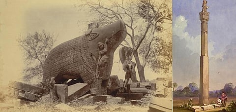 (L-R) Varaha sculpture in Eran, Madhya Pradesh (Gupta era, c. 510 CE). The Garuda pillar in Eran (485 CE).