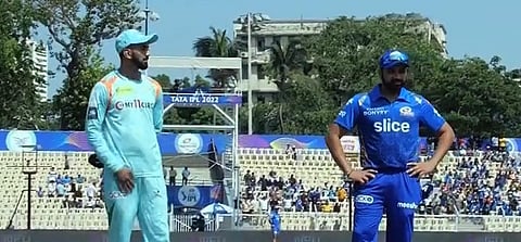 Lucknow Super Giants skipper KL Rahul (L) and his Mumbai Indians counterpart Rohit Sharma (Photo| Twitter screengrab)