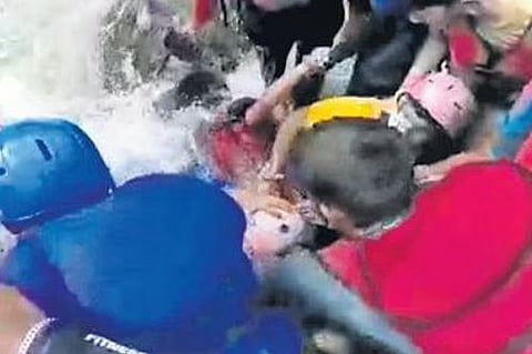 The boat used to rescue the occupants of the capsized raft at Ganeshgudi on Thursday | Express