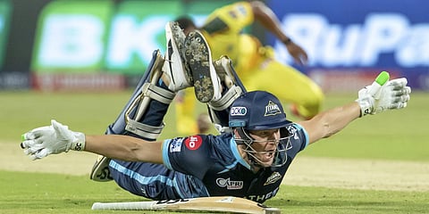 Gujarat Titans batter David Miller celebrates after his team won an IPL 2022 match against Chennai Super Kings, at the MCA International Stadium, in Pune. (Photo| PTI)